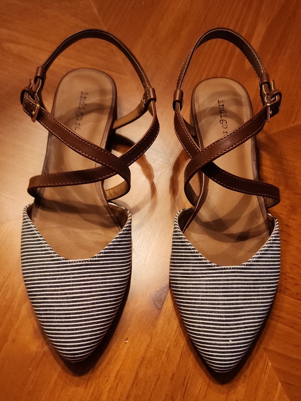 Indigo rd. Navy & White Striped With Brown Leather Pointed-Toe Slingback Flats